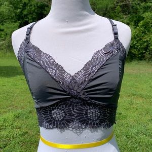 Silky Crochet Lace trim Racerback Bralette Size Medium Unlined Charcoal Grey